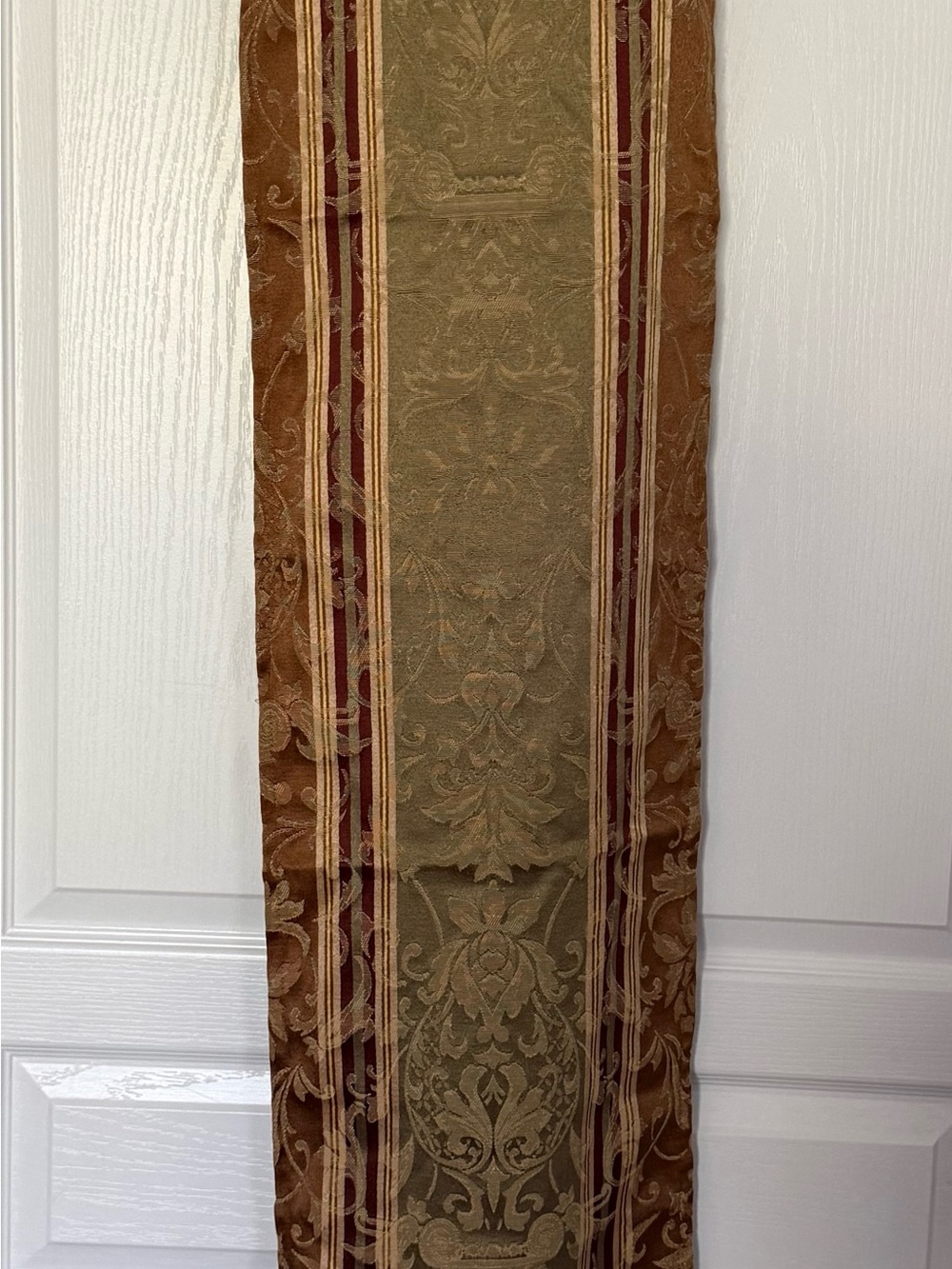 Ornate Jacquard Table Runner in Olive, Rust & Gold Stripes
